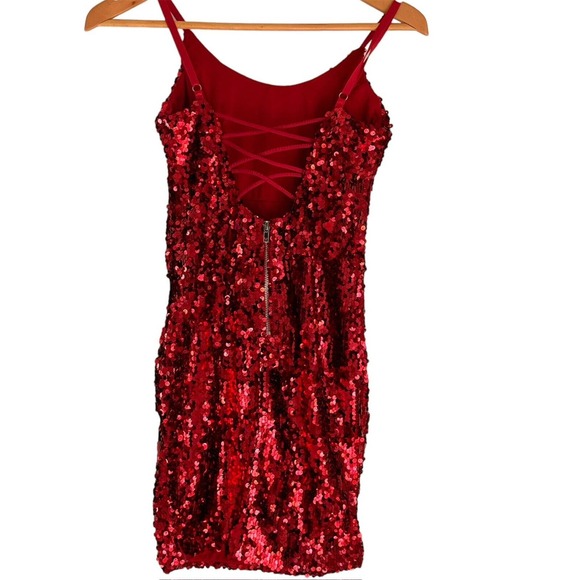 REVAMPED LA NUIT RED SEQUIN SPAKLED BODYCON SHOULDER STRAP DRESS Size XS - Picture 4 of 11